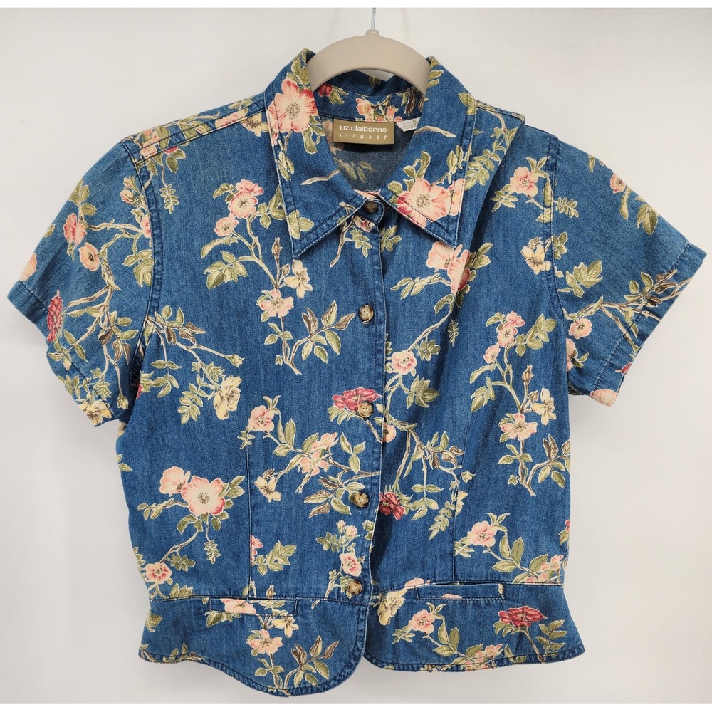 Liz Claiborne Lizwear Floral Denim Button Up‎ Short Sleeve Crop Top Size 6